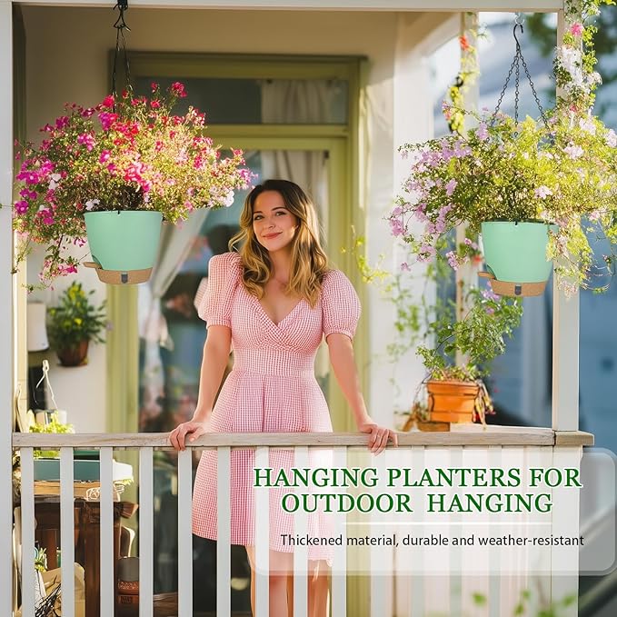 Hanging Planter for Indoor Plants 8 Inch, 2 Pack Self Watering Hanging Baskets for Plants, Hanging Flower Pots with Drainage Hole & 2 Kinds of Plant Hangers for Garden Home Decor (Green, 8 inch)