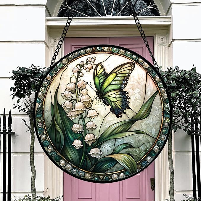 Stained Glass Window Hanging, Lily of The Valley Flower Butterfly Suncatcher for Doors Home Sun Catchers Decoration and Christmas, Mother's Day Birthday Gifts for Women, Men, Mom 14.9x14.9 in