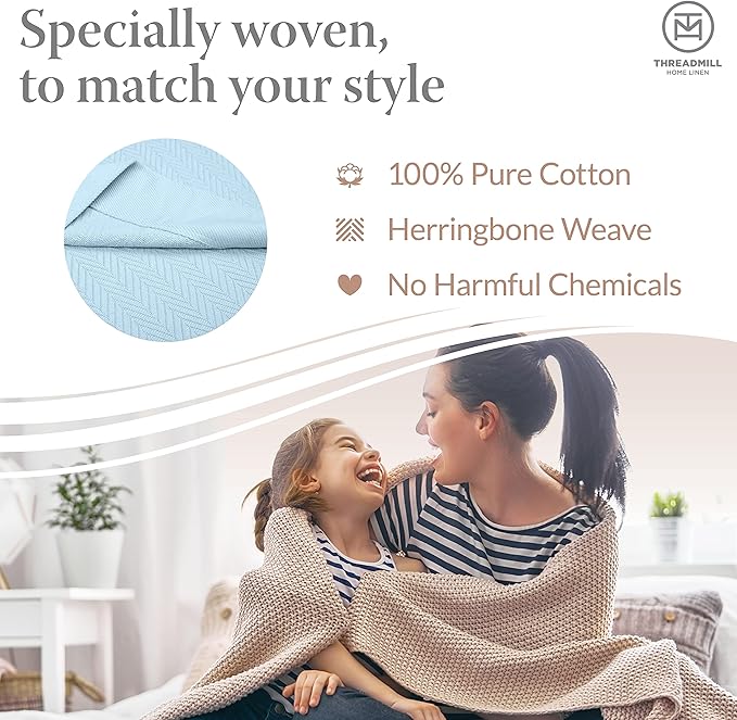 Threadmill Luxury Cotton Blankets for Queen Size Bed | All-Season 100% Cotton Queen Size Blanket | Herringbone Cozy, Soft Breathable Fall Thermal Blanket fits Full Size Bed | Light Blue