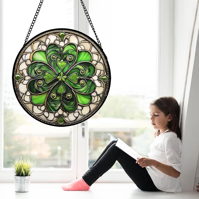 DASTOLL Stained Glass Window Hanging St. Ripak Festival Green Lucky Clover 6.3" - Suncatcher Door Garden Sun Catcher Ireland Decor Mother's Day for Mom Woman Her Men Sisters