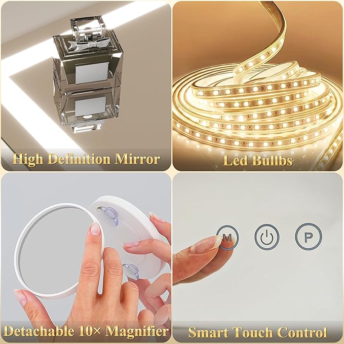 FENNIO Vanity Mirror with Lights 22''x18'' Makeup Mirror with Lights,Lighted Makeup Mirror with 10X Magnification and USB，Smart Touch Screen with 3-Color Lighting,Dimmable（Square White）
