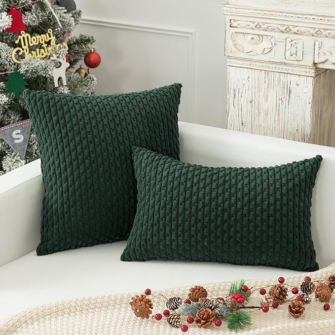 Kevin Textile Christmas Decorative Pillow Covers Set of 2 Striped Plush Corduroy Rectangle Lumbars Boho Home Decor Cushion Covers for Couch Sofa Bed Living Room 12x20 Inch, Army Green