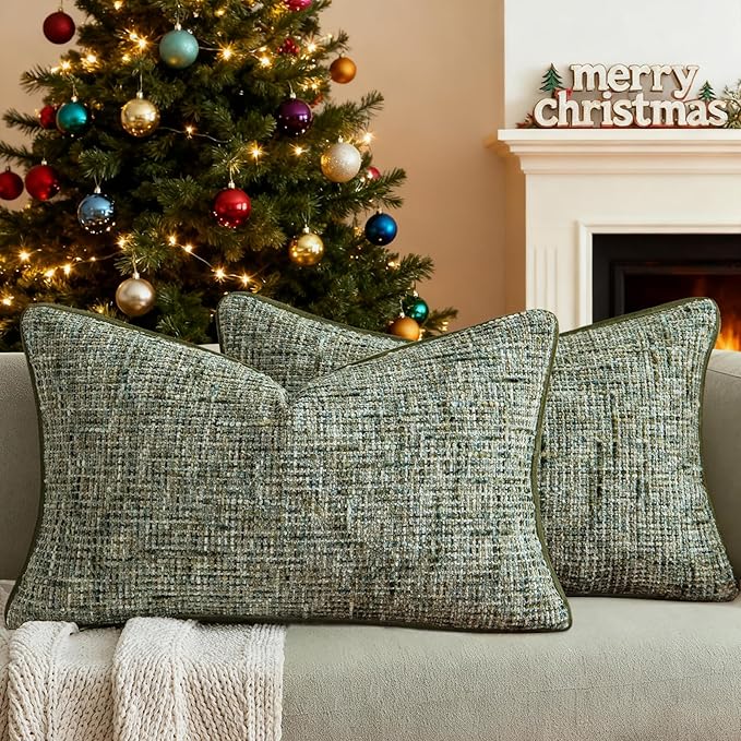 A Moment Christmas Dark Green Reversible Pillow Covers 2 Pack - Farmhouse Chenille Throw Pillows, Neutral Textured Decorative Throw Pillow Covers with Border for Couch Sofa Bed (12x20 Inch, No Insert)