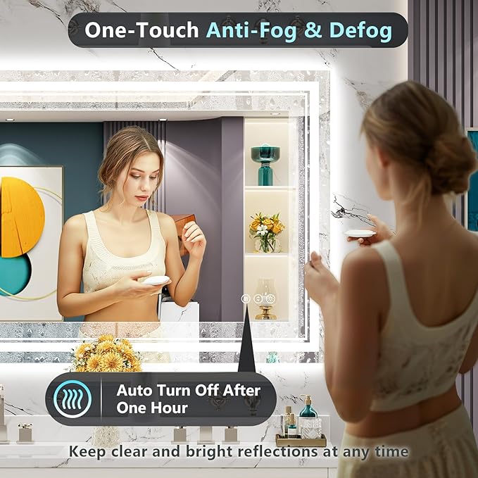 48x32 LED Bathroom Mirror with Lights, Backlit & Front Lit, Anti-Fog Frameless Lighted Vanity Mirrors for Bathroom Wall, Dimmable, 3-Color Light, Memory, Shatter-Proof, Tempered Glass, CRI＞90