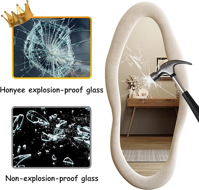 Honyee 55" x 24" Wall Mirror, Flannel Wrapped Wooden Frame Wavy Mirror, Irregular Mirror Hanging for Cloakroom/Bedroom/Living Room, Ivory White