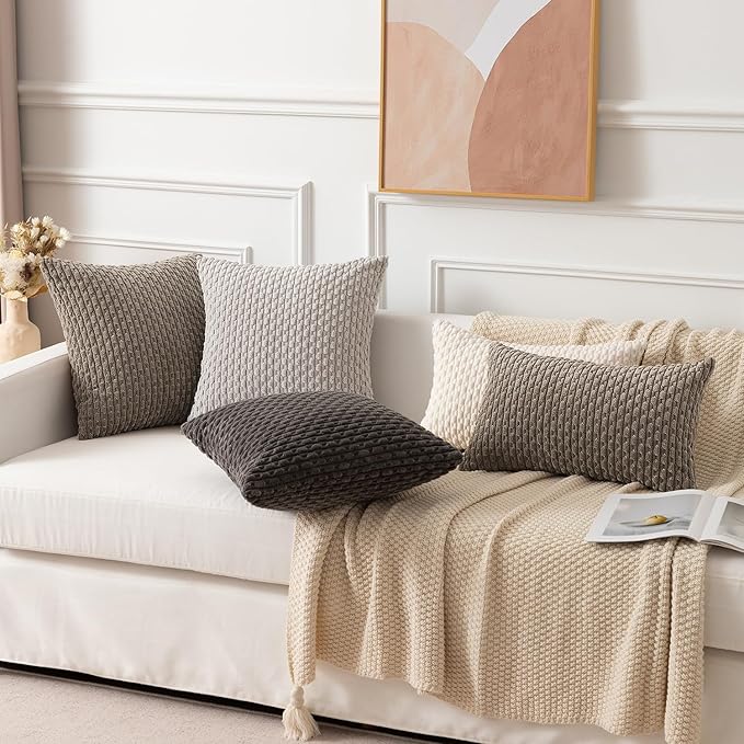 Kevin Textile Pack of 2 Corduroy Decorative Throw Pillow Covers 18x18 Inch Soft Boho Striped Pillow Covers Modern Farmhouse Home Decor for Spring Sofa Living Room Couch Bed Light Brown