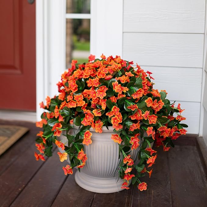 Artificial Fake Fall Hanging Flowers Plants for Outdoor Outside, 2PCS Faux Silk Orange Daisy Mums Trailing Vines UV Resistant Realistic Orchid for Autumn Front Door Porch Planter Patio Garden