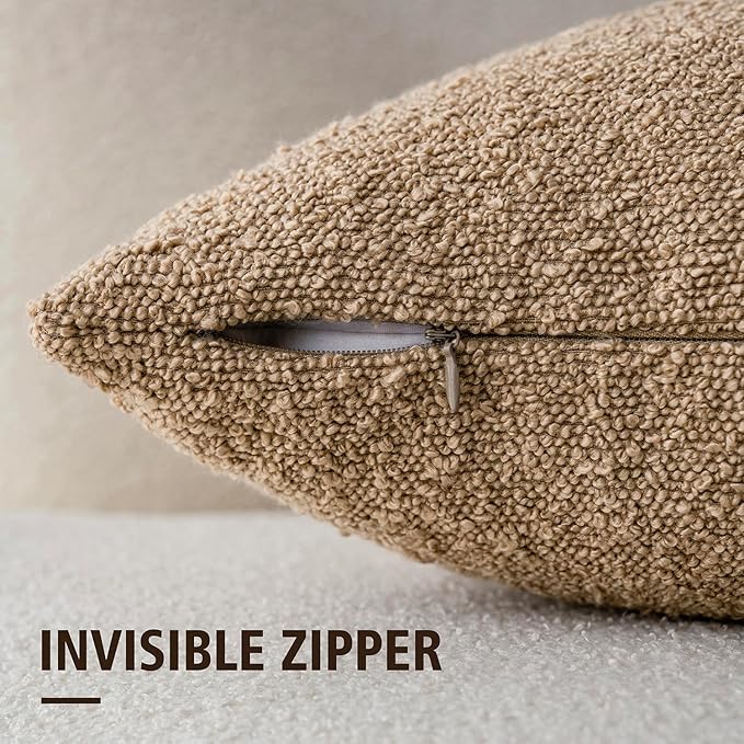 Foindtower Textured Boucle Throw Pillow Covers Accent Solid Lumbar Pillow Cases Cozy Soft Decorative Couch Cushion Case for Chair Sofa Bedroom Living Room Home Decor, 12 x 20 Inch,Taupe Khaki Camel