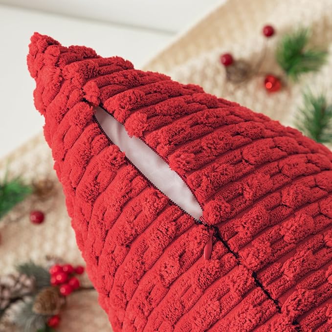 Kevin Textile Christmas Corduroy Decorative Throw Pillow Covers 12x20 Inch Pack of 2 Soft Boho Striped Pillow Covers Modern Farmhouse Home Decor for Sofa Living Room Couch Bed Red