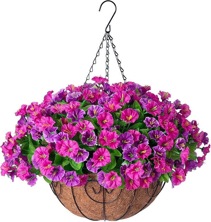 Artificial Hanging Flowers with Basket, Faux Silk Petunias Flower Arrangement, Coconut Lining with Morning Glories Fake Plants Patio Garden Porch Deck Spring Summer Decor(Lotus and Fuchsia)
