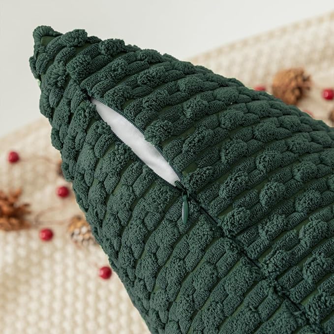 Kevin Textile Christmas Decorative Pillow Covers Set of 2 Striped Plush Corduroy Pillows Pillowcases Boho Home Decor Cushion Covers for Couch Sofa Bed Living Room 26x26 Inch, Army Green