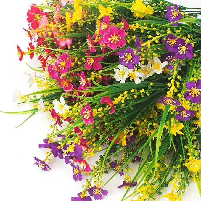 12 Bundles Artificial Flowers Faux Plants Spring Decoration Plastic Plants UV Resistant Shrubs for Home Indoor Outside Garden Window Porch Pots Decoration (Multicolor)