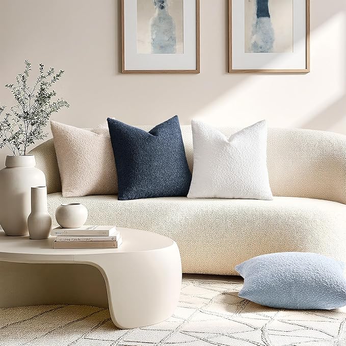 ANRODUO Pack of 2 Textured Boucle Throw Pillow Covers Soft Navy Blue Euro Decorative Accent Solid Pillow Cases Cozy Modern Couch Cushion Case for Bed Sofa Bedroom Living Room Home Decor, 24 x 24 Inch