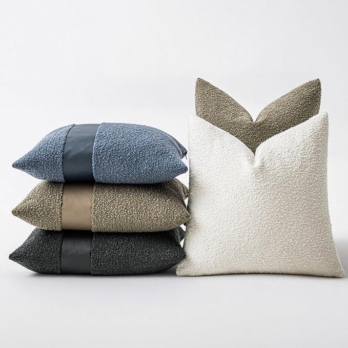 20"x20" Charcoal Black Boucle Throw Pillow Covers with Faux Leather Accents Set of 2 Fluffy Textured Decorative Pillow Cases for Couch Bed Boho Farmhouse Square Cushion Covers for Nordic Home