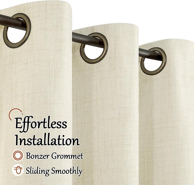 Lajode Cream 100% Blackout Curtains for Living Room 84 Inch Length 2 Panels Set, Thermal Insulated Light Blocking Faux Linen Curtains for Bedroom, Bronze Grommet Boho Window Drape Each 52" Wide