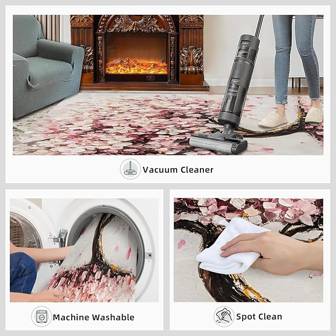 Graffiti Tree Washable Rugs 3x4 Rug for Living Room, Pink Petals 3x4 Rug Oil Painting Art Low-Pile Carpet for Bedroom Dining Non Slip Mat with Rubber Back