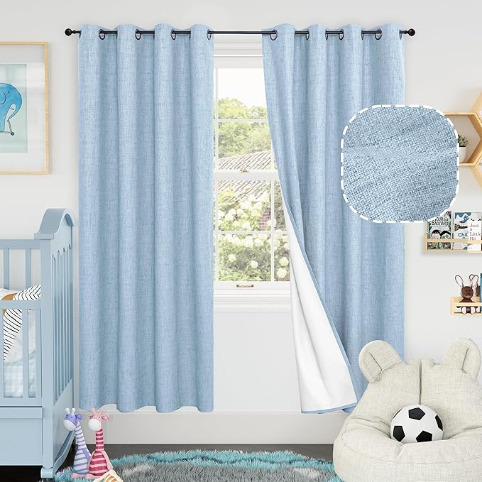 Baby Blue Linen Blackout Curtains for Nursery 72 Inch Length 2 Panels Set, Thermal Insulated Boho Total Black Out Noise Reducing Bonzer Grommets Window Curtains for Kids Bedroom, Each 52 Inch Wide