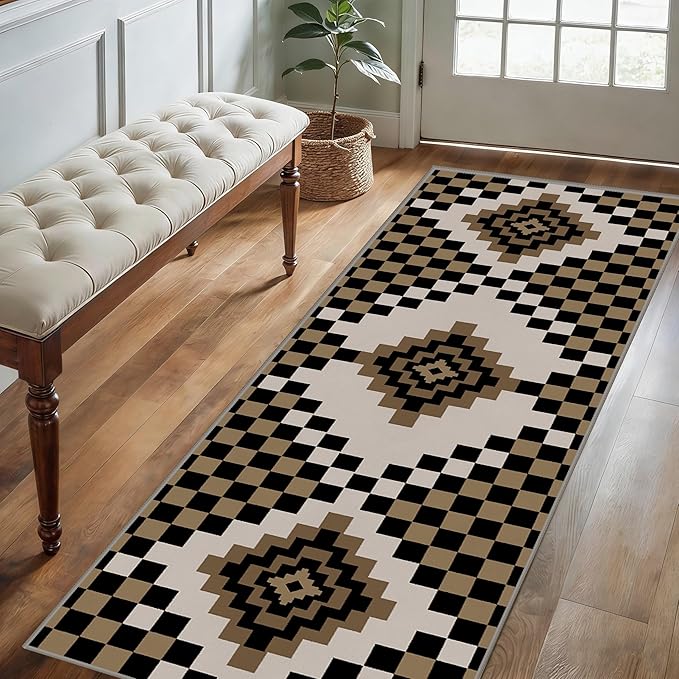 Retro Moroccan Farmhouse Decor Rug Runners for Hallways, 2.6x10ft, Black Linen Checkered Entryway Carpet, Rubber Backed Low Pile Easy Clean Carpets, Durable Reduce Noise Rugs for Floor