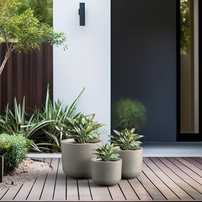 Kante 13",11",9" Dia Weathered Concrete Round Planters (Set of 3), Outdoor Indoor Modern Planter Pots, Lightweight, Weather Resistant, Seamless with Drainage Hole
