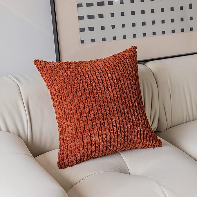 Kevin Textile Fall Pack of 2 Corduroy Decorative Throw Pillow Covers 26x26 Inch Soft Boho Striped Pillow Covers Modern Farmhouse Home Decor for Spring Sofa Living Room Couch Bed Burnt Brick