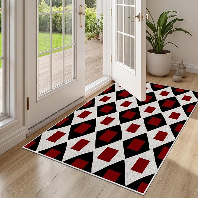 Plaid Rug 2x3, Vintage Geometric Soft Ultra Soft Faux Wool Low Pile Rug, Indoor Floor Mats Carpet, Non-Slip Stain Resistant Washable Rugs, Modern Red Rugs for Living Room Home Office Decor