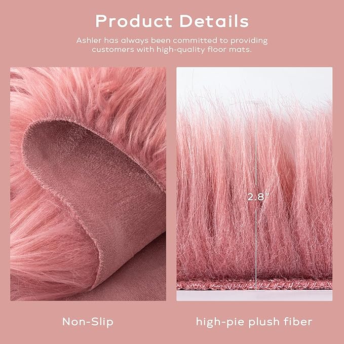 Ashler Faux Fur Rug: Ultra Soft, Fluffy Shaggy 2 x 3 Feet Rectangle, Blush Pink Fuzzy, Machine Washable, Nursery Decor for Bedroom & Living Room