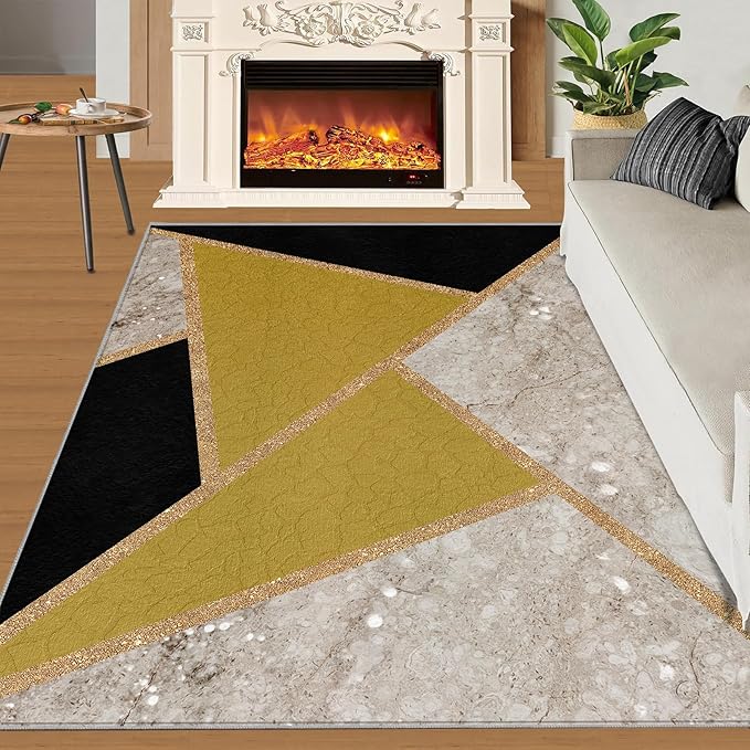 Geometric Marble Area Rugs for Living Room Black Gold Marble Rug Triangular Geometric Carpet Modern Minimalist Door Mat for Bedroom Hardwood Floors 7x9ft