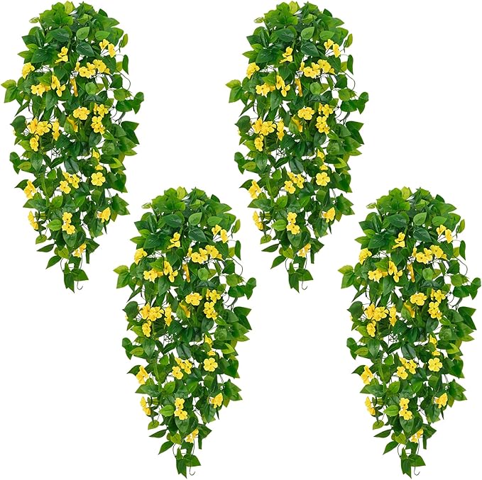 BLEUM CADE Artificial Hanging Flowers for Outdoors, 4pcs Fake Hanging Plants Pothos Vines with Yellow Flowers for Wall Home Living Room Indoor Outdoor Decor (No Baskets)