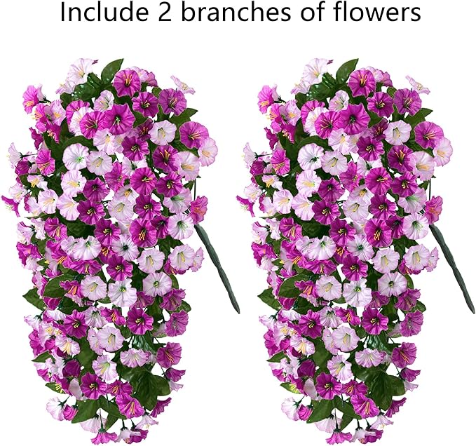 HyeFlora Artificial Fake Hanging Flowers Plants for Outdoor Outside, 2PCS Faux Silk Morning Glory Trailing Vines UV Resistant Look Real for Home Planter Porch Patio (Light Fuchsia+Fuchsia)