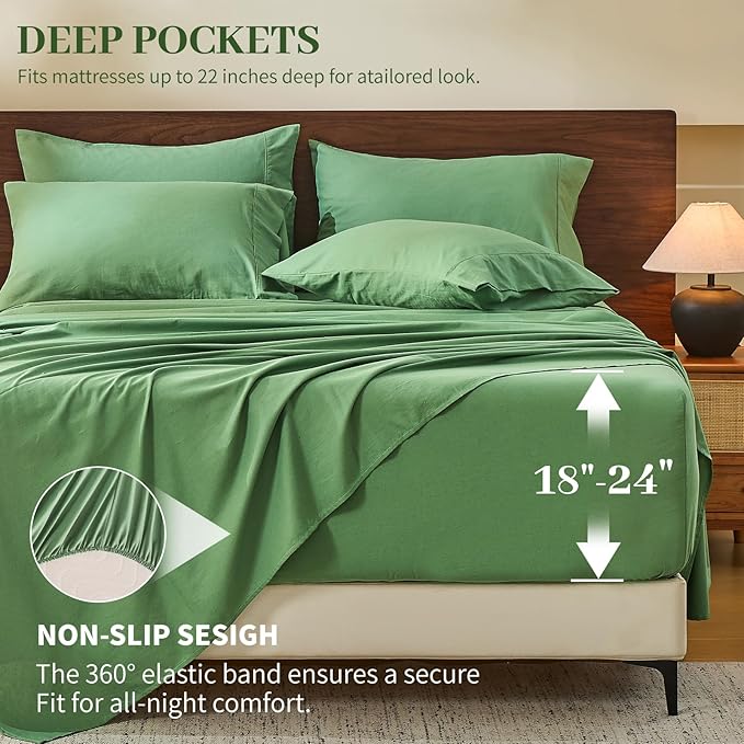 MEISHANG 100% French Pure Linen Sheets King Size - Extra Deep Pocket Sheet Set, Soft Durable Flax Linen, Anti-Tear Breathable & Oeko-Tex Certified 18-24 Deep Pocket,All Season(Sage Green)