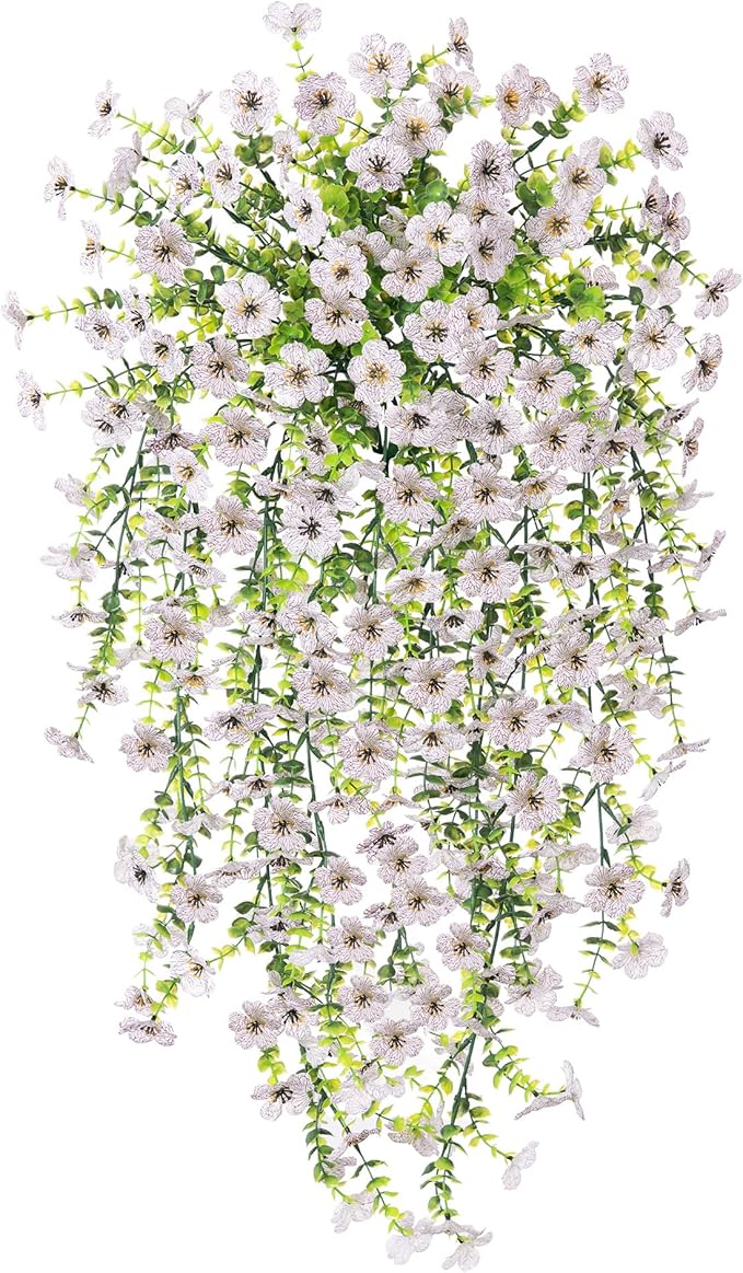 Artificial Hanging Flowers for Outdoors Faux Plants Decoration, 2 Packs Fake Silk Daisy Flower Realistic Outdoor Flowers UV Resistant Porch Patio Window Yard Outside Decor(White)
