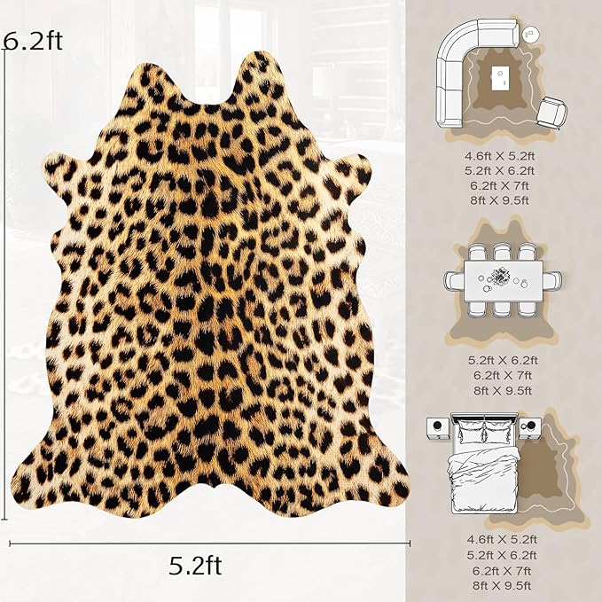 AROGAN Premium Leopard Print Rug 5.2x6.2 Feet, Faux Fur Cheetah Rug, Non-Slip Animal Print Hide Leopard Skin Area Rug for Bedroom Living Room Home Decor