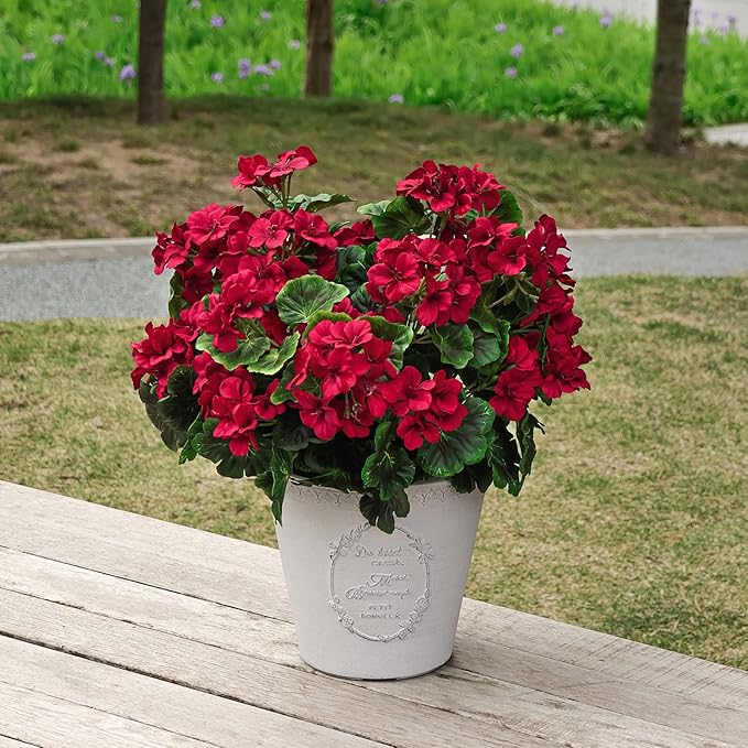 QIANYUN 2Pcs 19'' Realistic Artificial Geranium, Uv Resistant, Wedding Kitchen Garden Table Centerpieces Indoor Outdoor Decor (Red Geranium Flower)