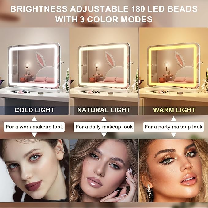 STARLEAD 22.8" x 18.2" Makeup Mirror with Lights and 10X Magnification, 3-Color Dimmable LED Lighting & Touch Control, USB Charging Port for Travel/Dressing Room