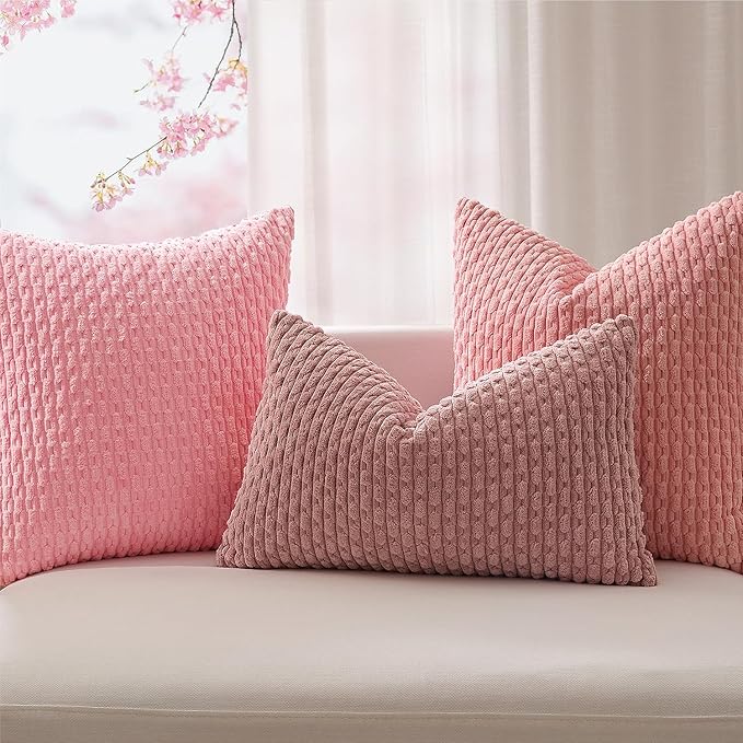 Kevin Textile Valentines Day Decorative Pillow Covers Set of 2 Striped Plush Corduroy Pillows Pillowcases Boho Home Decor Cushion Covers for Couch Sofa Bed Living Room 22x22 Inch, Dark Pink