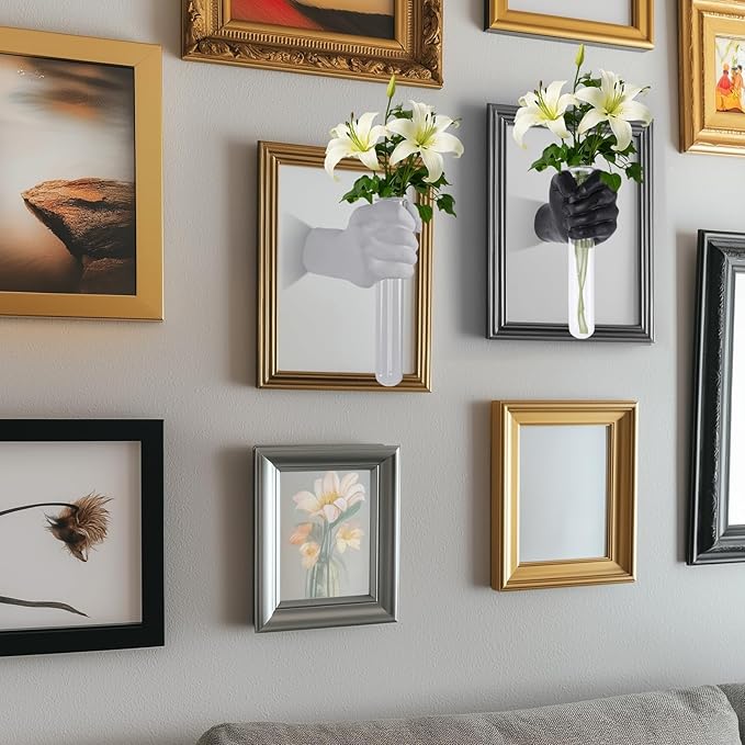 2 Pieces Wall Sculptures, Hands Vase Home Decor, Wall Mount Art Sculpture, Unique Wall Art Statue, Funky Flower Vase Decorations, Modern Eclectic Hanging Decor,Hands Statue (Black&White)