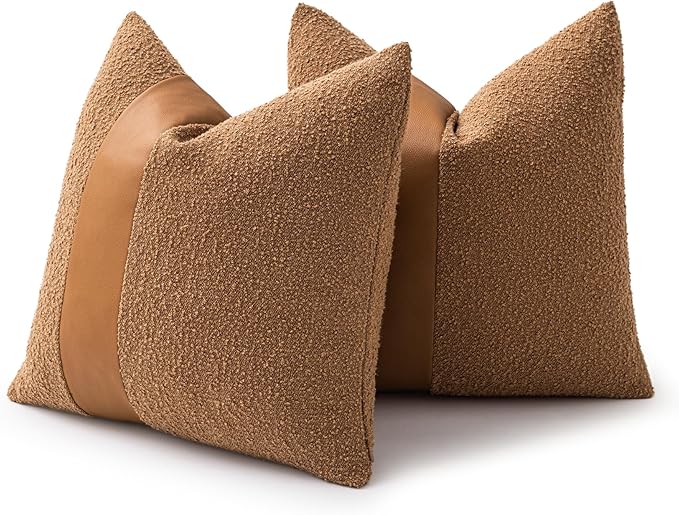 24"x24" Tobacco Boucle Pillow Covers with Faux Leather Accents Set of 2 Fluffy Textured Decorative Throw Pillow Cases for Couch Bed Boho Farmhouse Square Cushion Covers for Home Décor