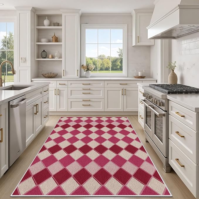 Plaid Rug, Soft Ultra Soft Faux Wool Rhombus Geometric Rugs, Indoor Floor Mats Carpet, Non Slip&Non-Shedding Low Pile Washable Rugs, Modern Red 7x9 Area Rug for Bedroom Home Decor