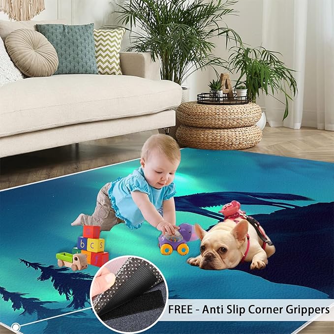 Wolf 4x5 Area Rugs for Living Room -Forest Washable Rug Aurora Non-Slip Carpet Indoor Floor Stain Resistant Thin Carpets for Bedroom Dining Room Home Office