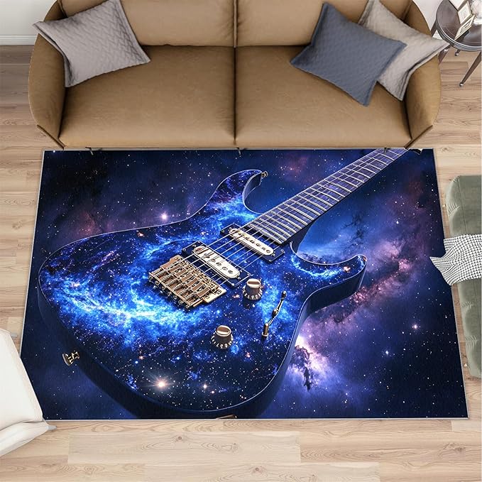 Guitar 5x8 Area Rugs for Living Room -Musical Instruments Washable Rug Starry Sky Non-Slip Carpet Indoor Floor Stain Resistant Thin Carpets for Bedroom Dining Room Home Office