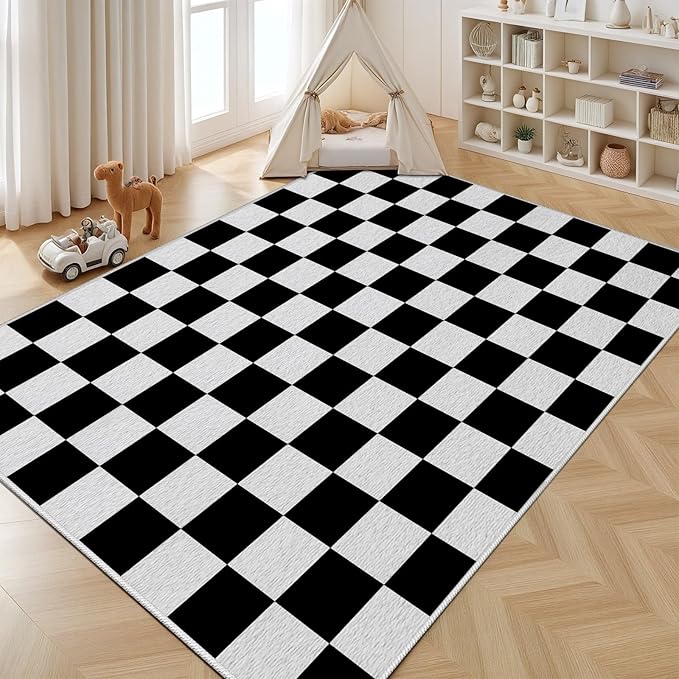 Black and White Checkered Rug for Living Room, 3x5 Area Rugs, Checkered Area Rug, Geometric Plaid Rugs, Washable Non Slip Retro Carpet Home Floor Decor