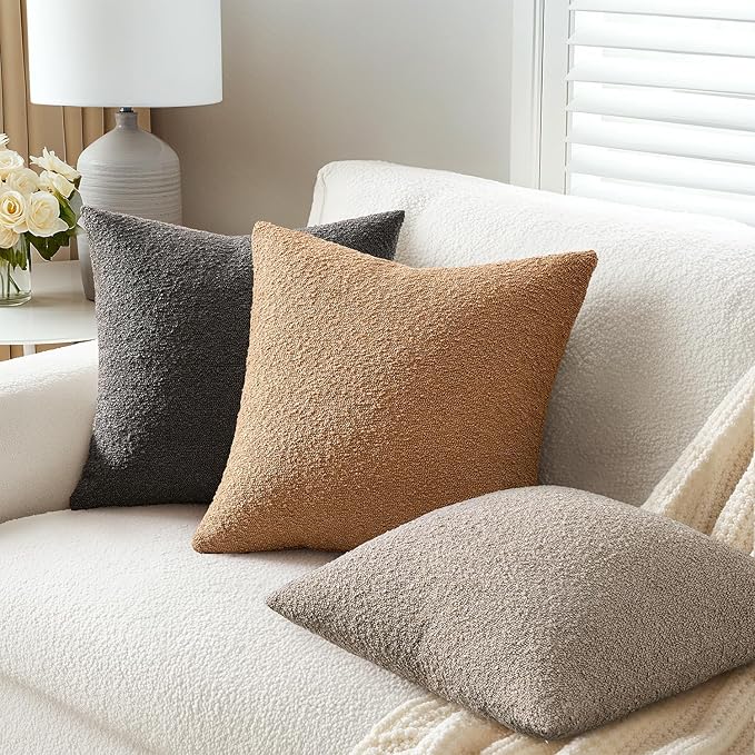 ANRODUO Pack of 2 Textured Boucle Throw Pillow Covers Soft Tobacco Brown Decorative Accent Solid Pillow Cases Cozy Modern Couch Cushion Case for Chair Sofa Bedroom Living Room Home Decor, 20 x 20 Inch