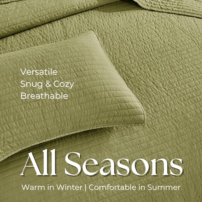 DOWN HOME King Quilt Bedding Set with Shams, Vintage Washed Soft Quilted Blanket Thin Comforter Lightweight Bedspread Coverlet Bed Cover, Brushed Microfiber Stripe Stitching, Golden Olive, 104"x90"