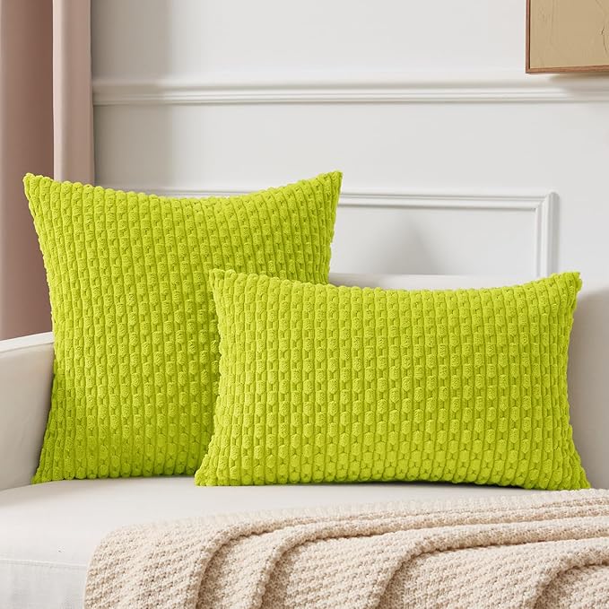 Kevin Textile Decorative Pillow Covers Set of 2 Striped Plush Corduroy Pillows Pillowcases Boho Home Decor Cushion Covers for Couch Sofa Bed Living Room 20x20 Inch, Christmas Green