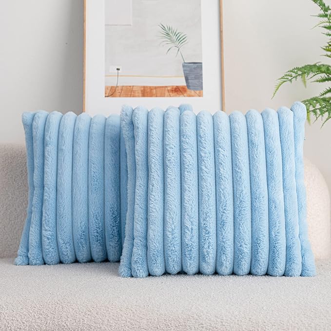 DEELAND Pack of 2,Double-Sided Faux Fur Plush Decorative Throw Pillow Covers Fuzzy Striped Soft Pillowcase Cushion Covers for Sofa Couch Bedroom Lightblue 26x26 inch