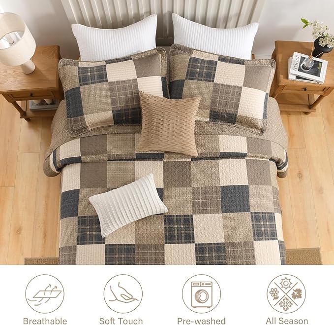 Finlonte 120"x120" Oversized King Bedspread - 100% Cotton Lightweight Quilted Bedspreads Coverlet Set, Farmhouse Plaid Bedding Reversible Oversized King Quilt with 2 Pillow Shams, Brown/Beige/Cream
