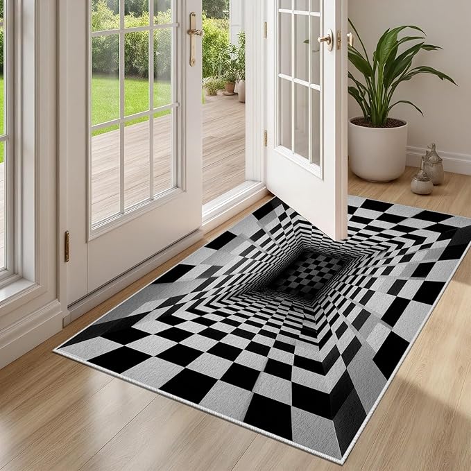 Optical Illusion Rug - Black and White Rug for Living Room, Soft Ultra Soft Faux Wool 4x6 Area Rugs Floor Mats, Non Slip&Non-Shedding Low Pile Checkered Washable Rugs, Abstract Geometric Carpet