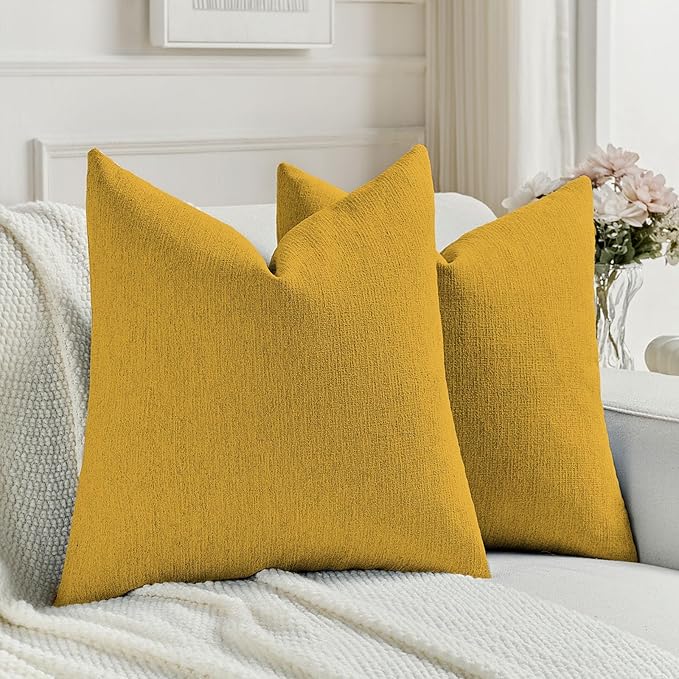 FUTEI Mustard Yellow Chenille Decorative Throw Pillow Covers 16x16 Inch Set of 2,Soft Cozy Faux Linen Textured Cushion Case,Farmhouse Home Decor for Couch Living Room