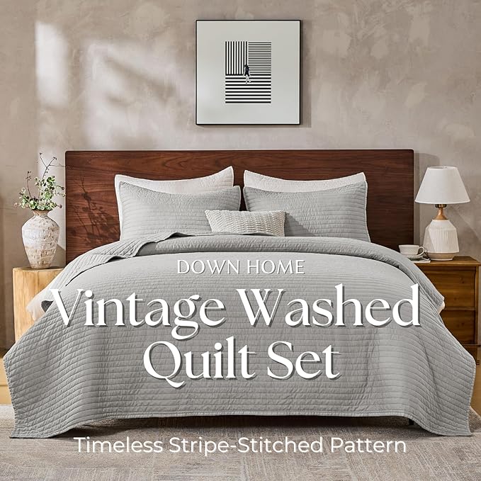 DOWN HOME King Quilt Bedding Set with Shams, Vintage Washed Soft Quilted Blanket Thin Comforter Lightweight Bedspread Coverlet Bed Cover, Brushed Microfiber Stripe Stitching, Light Gray, 104"x90"