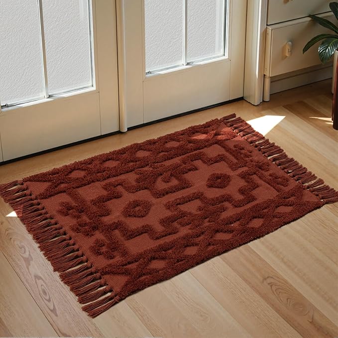 Uphome Boho Bathroom Rug 2' x 3', Washable Small Farmhouse Bedroom Rugs, Terracotta Geometric Bath Mats for Home Decor, Cotton Woven Moroccan Tufted Throw Rug for Entryway Front Door Kitchen